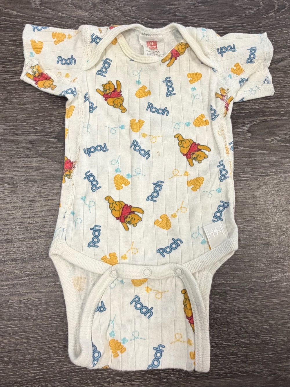 Hanes Baby Onesie in Cream with Yellow & Red Winnie the Pooh Print